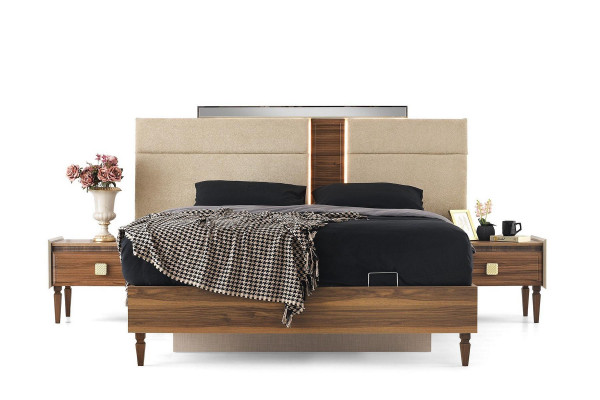 Braun-beige Schlofkummer-Set Designer Duebelbett 2x Nuetskonsolen 3 Deeler