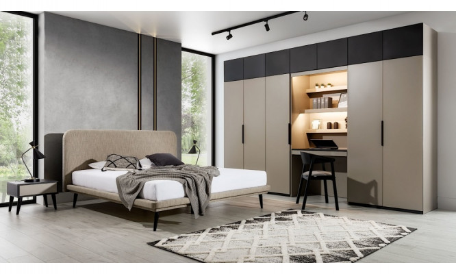 Edele Schlofzëmmer Set Designer Duebelbett Kleederschaf Nuetsdëscher