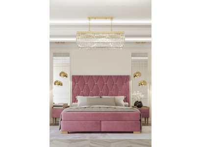 Zëmmer Set a Beige mat duebel Bett, Kleederschaf, Kommode, 2x Nuetsdëscher