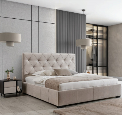 Béiges Chesterfield Duebelbett Textil Nuetsdëscher Schlofkummer Set