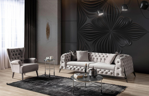Wäiss Chesterfield Polstersëtzlounge Sofagarnitur 4-Sëtzer Fauteuil 2teleg
