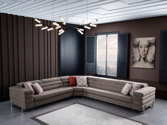 Modern L-fërmeg beige Ecksofakombinatioun Wunnzëmmer Polstersofa mat Holzrahmen