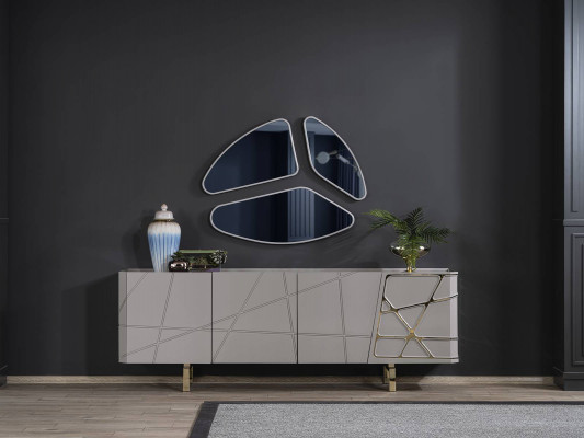 Grou Kommode fir den Iesszëmmer Luxus Sideboard 3x Glas Spigel Modern Miwwelen