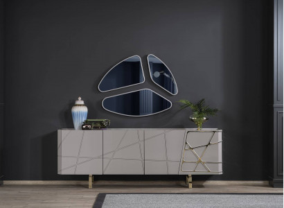Grou Kommode fir den Iesszëmmer Luxus Sideboard 3x Glas Spigel Modern Miwwelen