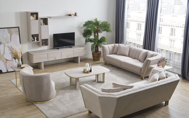 Wäiss Chesterfield Wunnzëmmer Set 4+3 Sëtzer Sessel Luxus Dëschchen