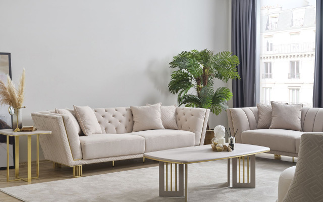 Wäiss Chesterfield Wunnzëmmer Set 4+3 Sëtzer Sessel Luxus Dëschchen