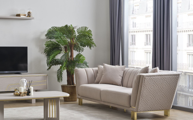 Wäiss Chesterfield Wunnzëmmer Set 4+3 Sëtzer Sessel Luxus Dëschchen