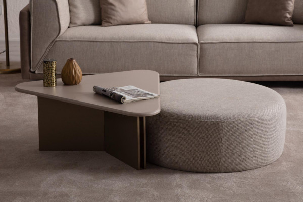 Beiger Wunnzëmmer Set Designer Holz Couchtisch Polster Hocker 2 teileg Set