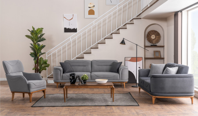 Modern gro Bettzëmmerenset aus zwee Deeler mat dräi-Sëtz-Sofa a Sëtzgaul.