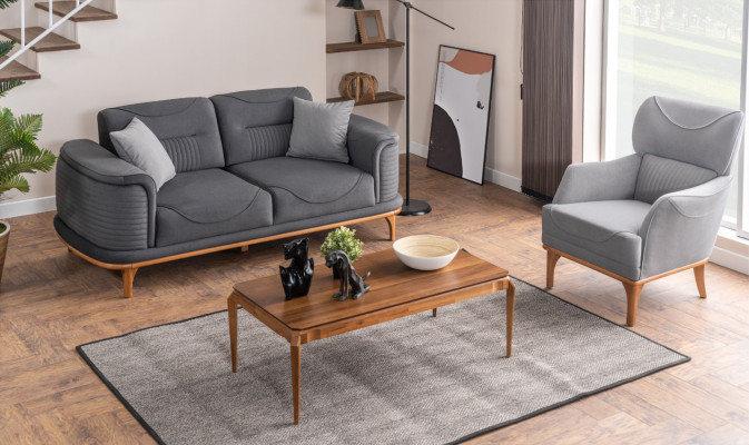 Modern gro Bettzëmmerenset aus zwee Deeler mat dräi-Sëtz-Sofa a Sëtzgaul.