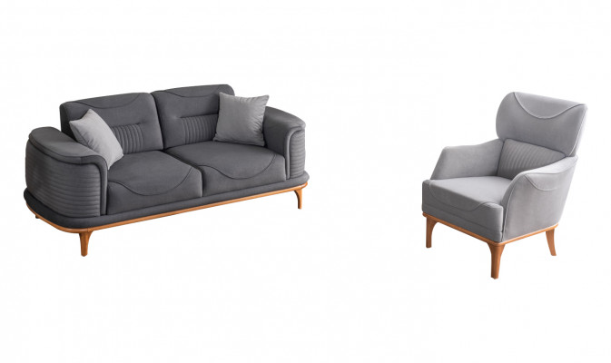 Modern gro Bettzëmmerenset aus zwee Deeler mat dräi-Sëtz-Sofa a Sëtzgaul.