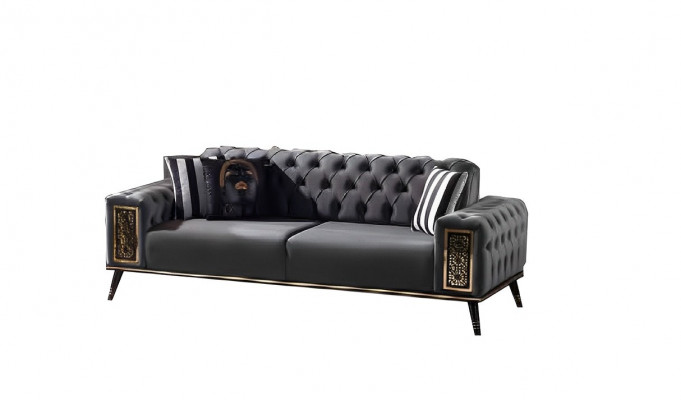 Chesterfield Schwarz-Gëllenen Dräisëtzer Wunnzëmmer Luxus 3-Sëtzer Miwwelen