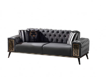 Chesterfield Schwarz-Gëllenen Dräisëtzer Wunnzëmmer Luxus 3-Sëtzer Miwwelen