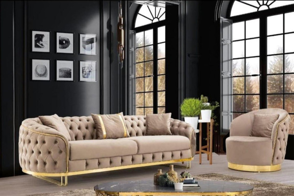Designer Wunnzëmmer Set 3-Sëtzer Sofa an Fotell Beige Faarf 2tlg. nei