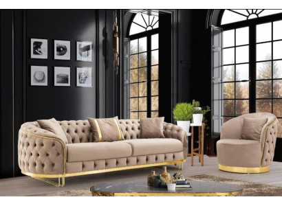 Designer Wunnzëmmer Set 3-Sëtzer Sofa an Fotell Beige Faarf 2tlg. nei