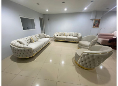 Designer Wunnzëmmer-Set bestehend aus 2x 3-Sëtz Sofaen + 2x Still, 4-Teiler.