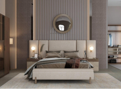 Modern Schlofzëmmer-Set aus Bett mat Bank an 2x Nuetsdëscher 3tlg. nei