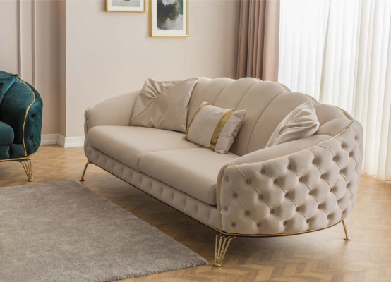 Modern Beige Wunnzëmmer Set Sofa 3-Sëtzer Sessellech Textil Sessel Wunnzëmmer