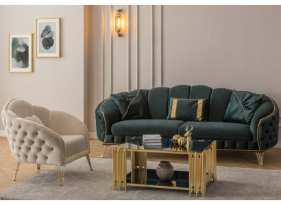 Stilvoll Wunnzëmmer Komplett 3tlg Dräisëtzer Sofa Couch Luxus 2x Fautteuil