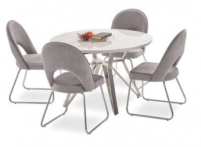 Luxus Iesszëmmer Set Iessdësch 4x Still Holz Stull Textil Iessgrupp Garnitur Nei