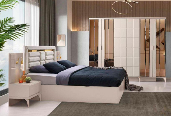 Schlofkummer-Set 4tlg Beige Bett Nuetsdëscher Kleederschaf Modern Design Stil
