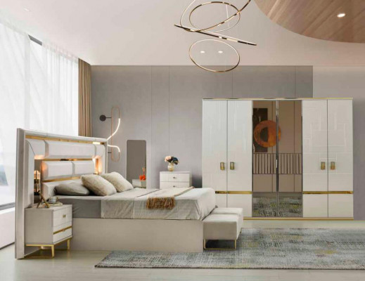 Schlofzëmmer-Set 4 Stécker Bett Nuetsdëscher Kleederschaf Wäiss Gold Zwäifarweg