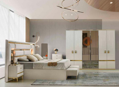 Schlofzëmmer-Set 4 Stécker Bett Nuetsdëscher Kleederschaf Wäiss Gold Zwäifarweg
