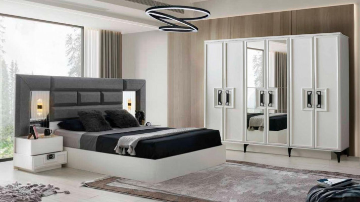 Schlofzëmmer-Set Komplett 4-deelig Bett Kleederschaf Noschtenbecheren Wäiss Gro Modern