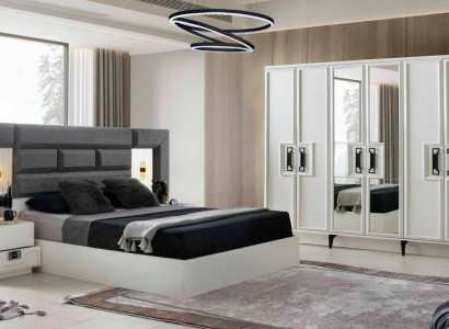 Schlofzëmmer-Set Komplett 4-deelig Bett Kleederschaf Noschtenbecheren Wäiss Gro Modern