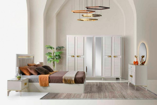 Schlofzëmmer Komplett Set 6tlg Bett Nuetsdëscher Schminkdësch Kleederschaf Wäiss