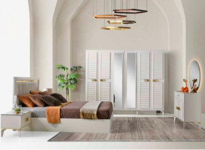 Schlofzëmmer Komplett Set 6tlg Bett Nuetsdëscher Schminkdësch Kleederschaf Wäiss