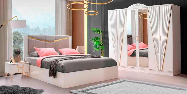Komplett Schlofzëmmer Set Bett Nuetsdëscher Kleederschaf 4stéck Modern Wäiss