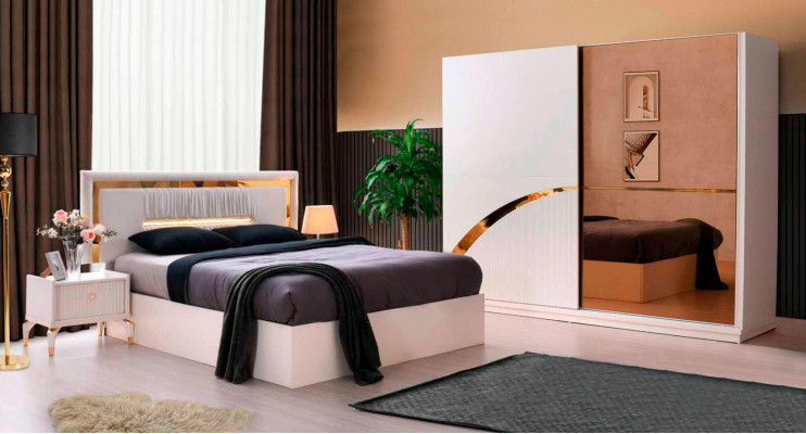 Schlofzëmmer Komplett Set 4 Deeler Bett Nuetsdëscher Kleederschaf Wäiss Modern Stil