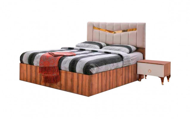 Bett Braun Beige Zweefaarweg Modernen Design Stil Rechteckeg Schlofzëmmer Textil