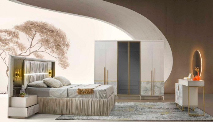 Schlofzëmmer-Set 5 Deeler Wäiss Beige Zweefaarweg Modern Design Schlofzëmmer Stil