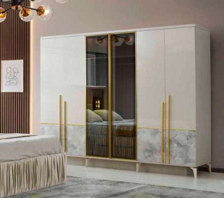 Schlofzëmmer-Set 5 Deeler Wäiss Beige Zweefaarweg Modern Design Schlofzëmmer Stil