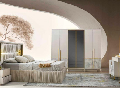 Schlofzëmmer-Set 5 Deeler Wäiss Beige Zweefaarweg Modern Design Schlofzëmmer Stil