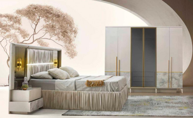 Schlofzëmmer-Set 4tlg Beige Gemuster Bett Nuetsdëscher Kleederschaf Modern Stil