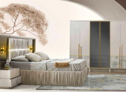 Schlofzëmmer-Set 4tlg Beige Gemuster Bett Nuetsdëscher Kleederschaf Modern Stil