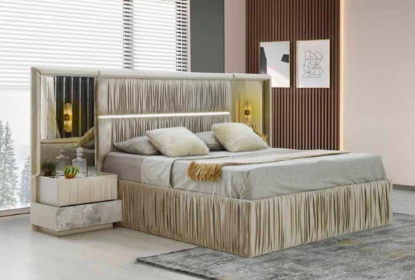 Beige Schlofkummer-Set 3-Deel Bett Nuetstesch Modern Rechteckeg Gemustert Design