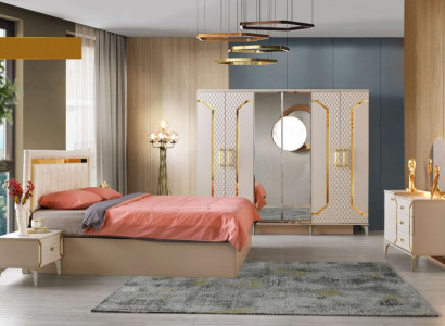 Schlofzëmmer-Set 5tlg Bett Nuetsdëscher Kleederschaf Kommode mat Spigel Beige