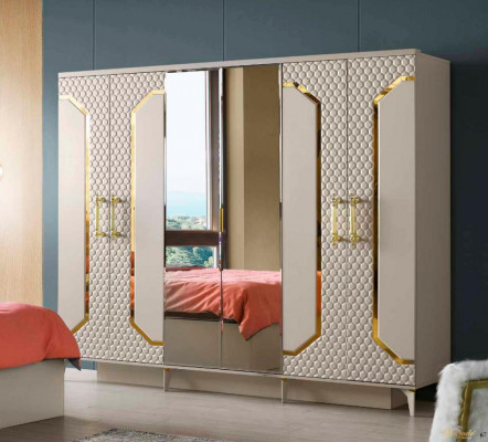 Kleederschaf Beige Modern Rechteckeg Design Stil Schlofzëmmer Eenheetlech Spigel