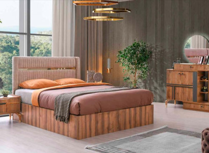 Braun-rosa Schlofzëmmer Set Designer Textilbett Schminktisch Spigel 4tlg.