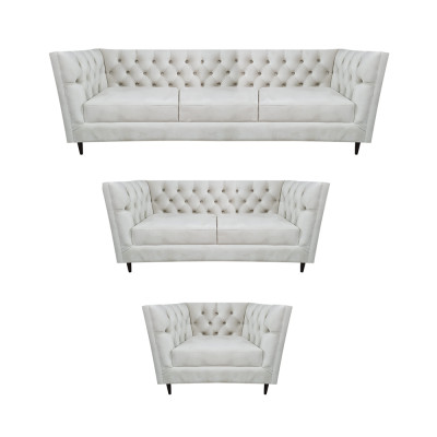 Design Komplett Wäiss Miwwelen Wunnzëmmer Set 3 Deeler Luxus Polstermöbel Chesterfield