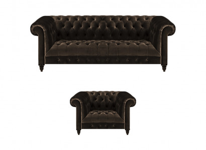 Braune Chesterfield Polstersëtzer Designer 3-Sëtzer Textil Sessel 2tlg
