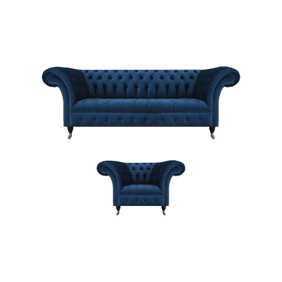 Blo Chesterfield Garnitur Designer Dräisëtzer Stoffsessel 2-deel Möbler