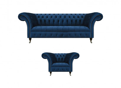 Blo Chesterfield Garnitur Designer Dräisëtzer Stoffsessel 2-deel Möbler
