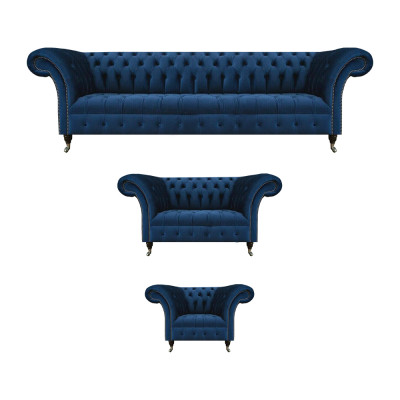 Komplett donkelblo Chesterfield Couchen Designer Fauteuil 4-Plaz 3-Stéck