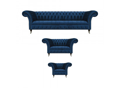 Komplett donkelblo Chesterfield Couchen Designer Fauteuil 4-Plaz 3-Stéck