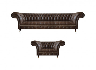 Braune Chesterfield Konschtlieder Garnitur Wunnzëmmer Dräisëtzer 2-Sëtzer